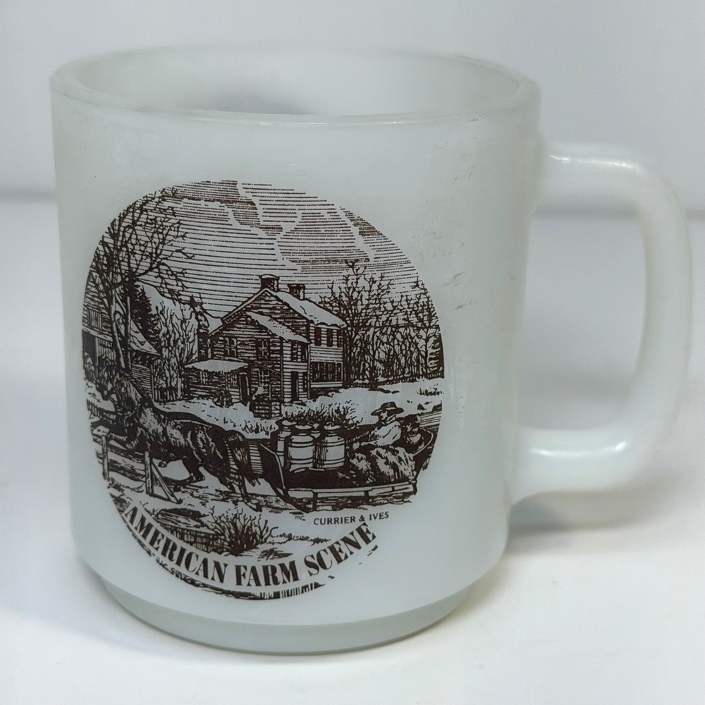 Vintage Glasbake Milk Glass Mug Currier & Ives American Farm Scene White Brown